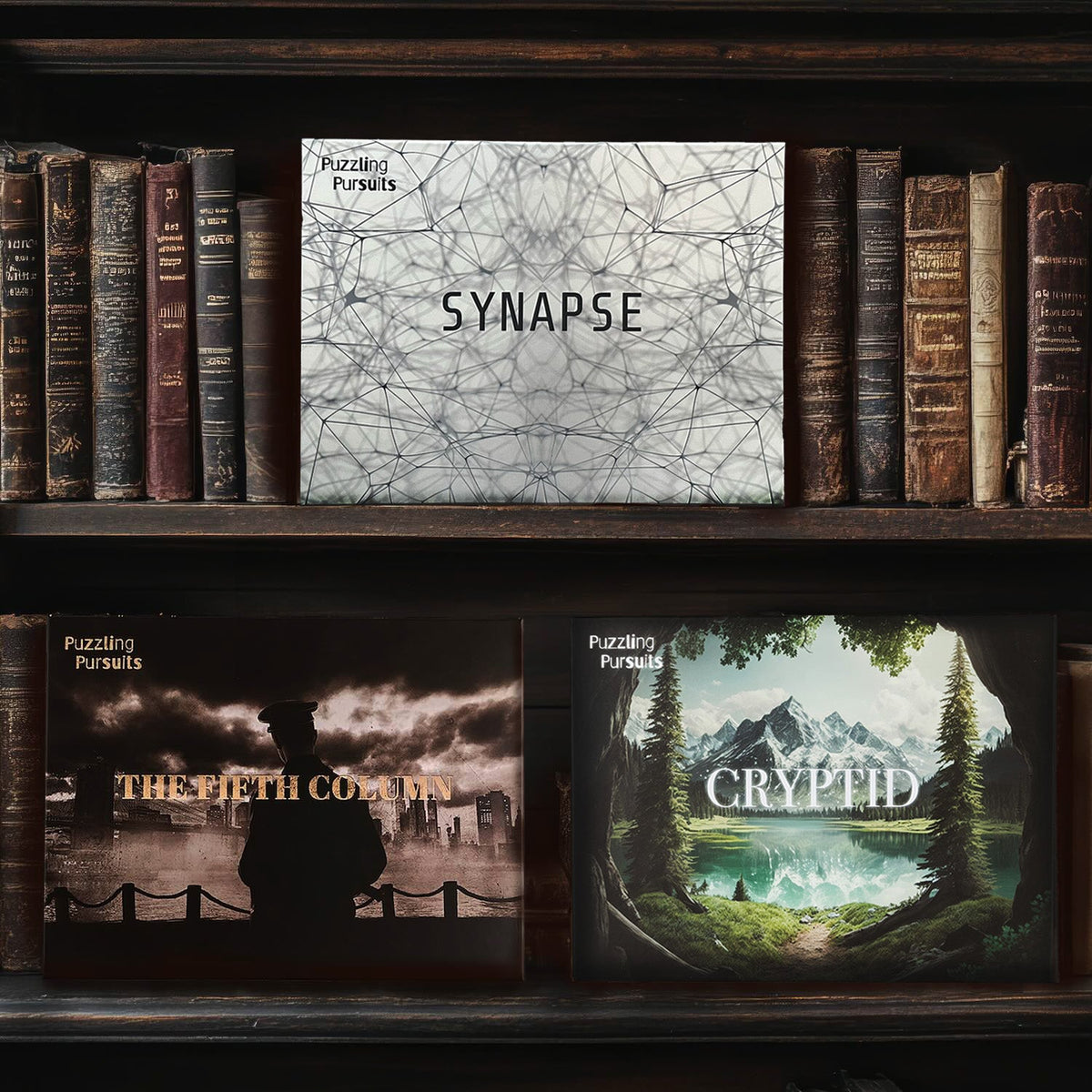 Three mystery box games together: Synapse, The Fifth Column and Cryptid