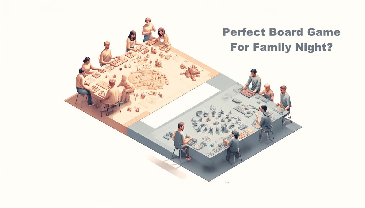 Isometric illustration comparing two groups playing board games at long tables, one drawn in warm beige tones and one in cool blue, under the heading 'Perfect board game for family night?'