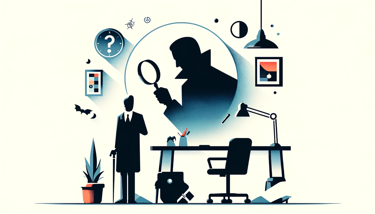 Flat illustration of an office murder mystery night: a figure in a suit holds a magnifying glass that reveals the silhouette of a detective in a fedora, beside an office desk, chair, lamp and potted plant