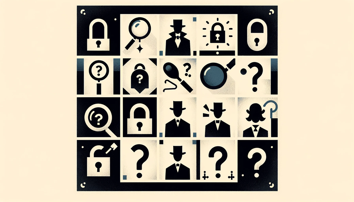 A grid of black and cream tiles showing detective icons: padlocks, magnifying glasses, question marks and figures in top hats
