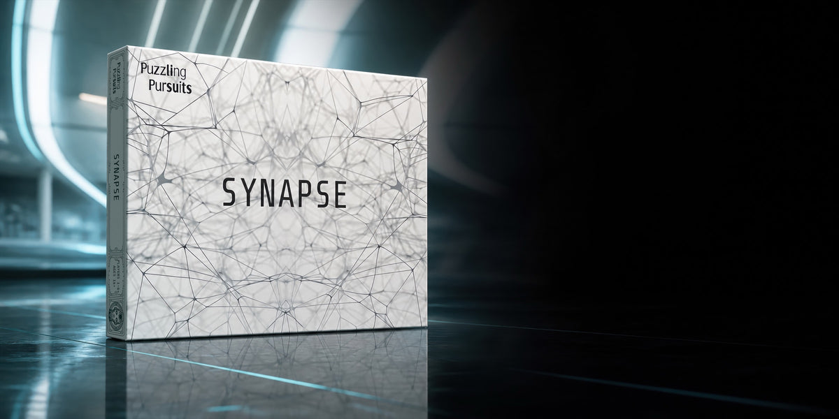 Synapse game box standing on a reflective floor in a curved futuristic corridor lit by cool blue light
