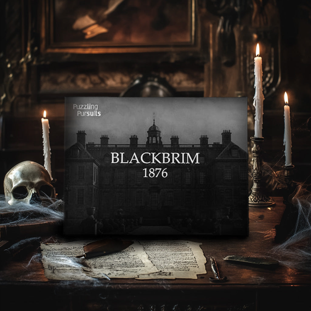 Blackbrim: 1876 box on a candlelit desk with aged letters, a quill and a skull