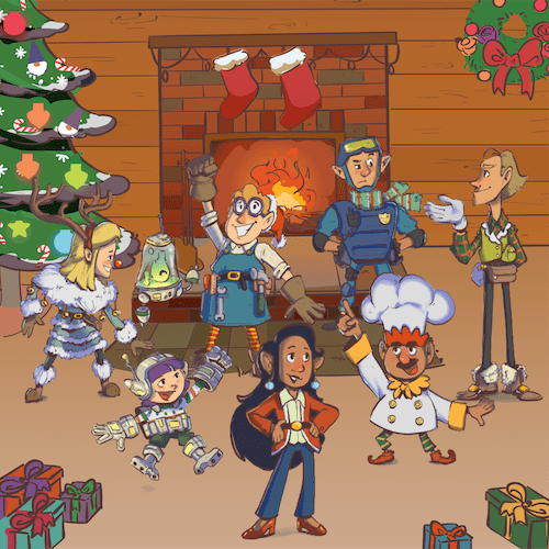 Cover art for Mission: ElfPossible: cartoon elves in workshop gear gathered around a North Pole fireplace hung with stockings, beside a decorated tree and wrapped gifts