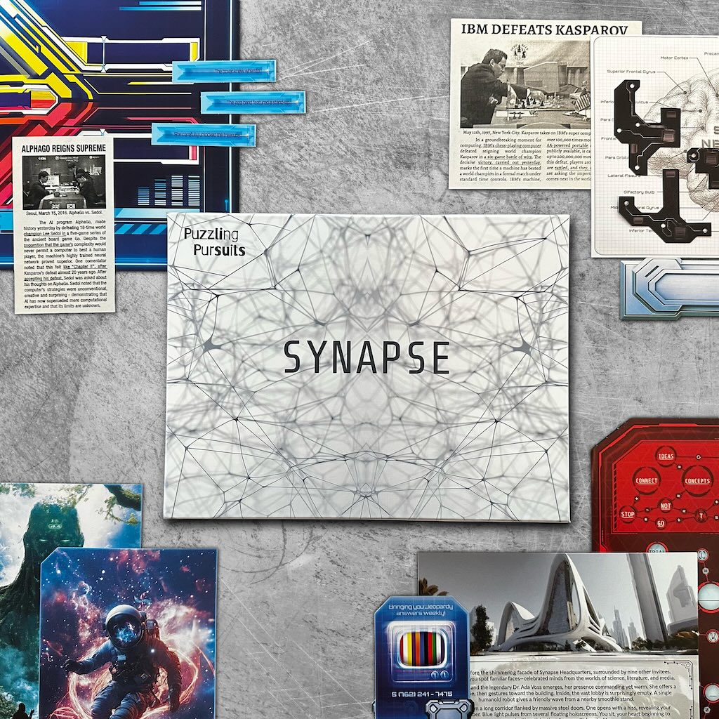 The Synapse game box, its cover patterned with a white neural network on a pale ground, on a laboratory bench