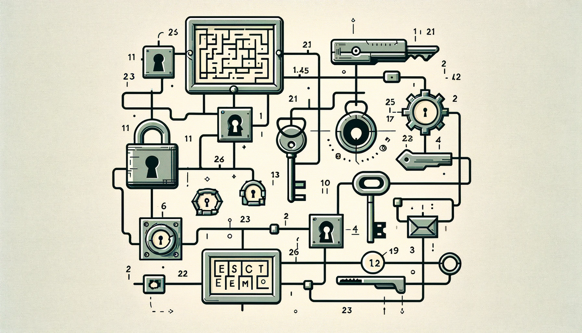 A flow diagram of escape room puzzle elements connected by lines: a maze, padlocks, keys, an envelope, a cog and scattered numbers