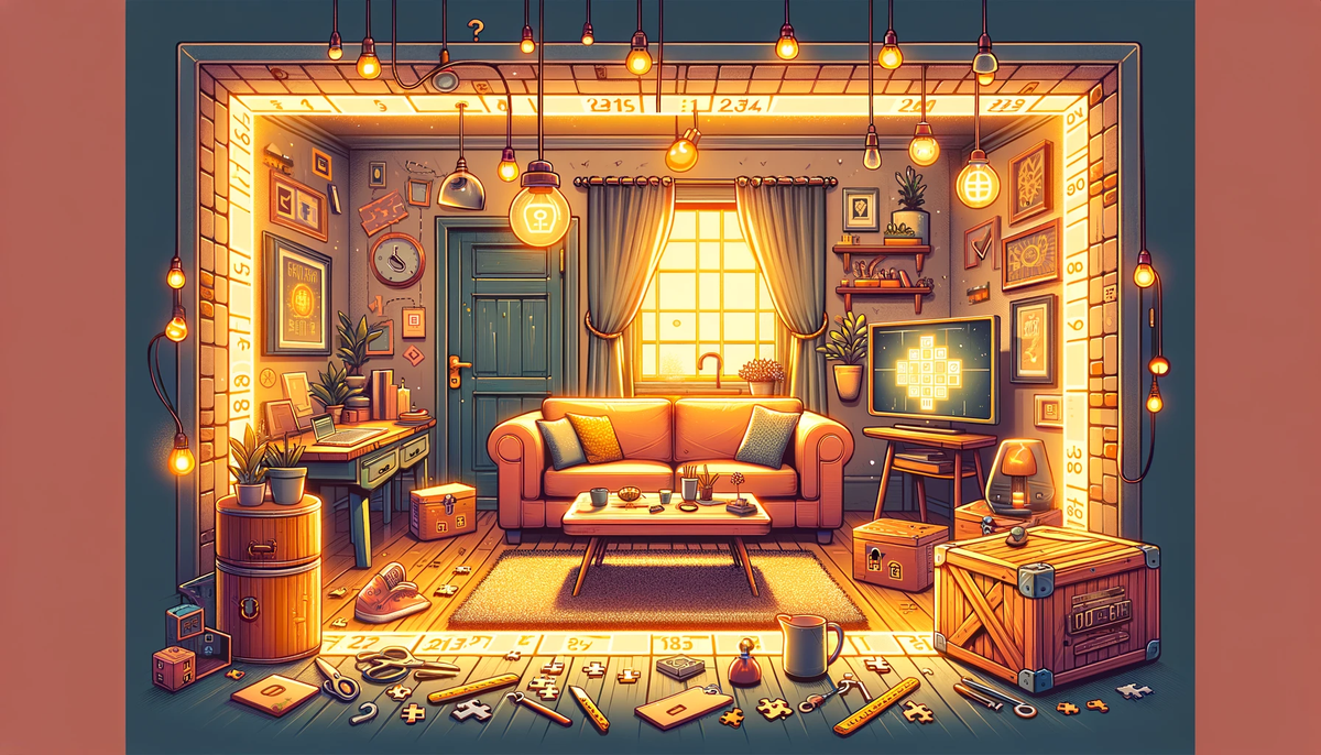 Illustration of a living room set up as an at-home escape room: string lights and hanging bulbs, a sofa and coffee table, a padlocked wooden crate, and puzzle pieces, keys and number clues scattered across the floor