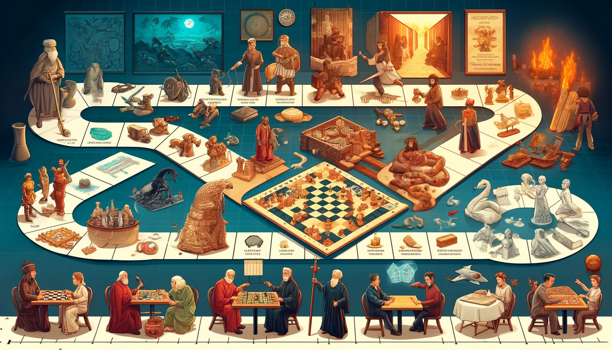 Illustration of a winding board game path running through history, with players from different eras along it: ancient figures with early games, a chess set, and people playing at tables by firelight