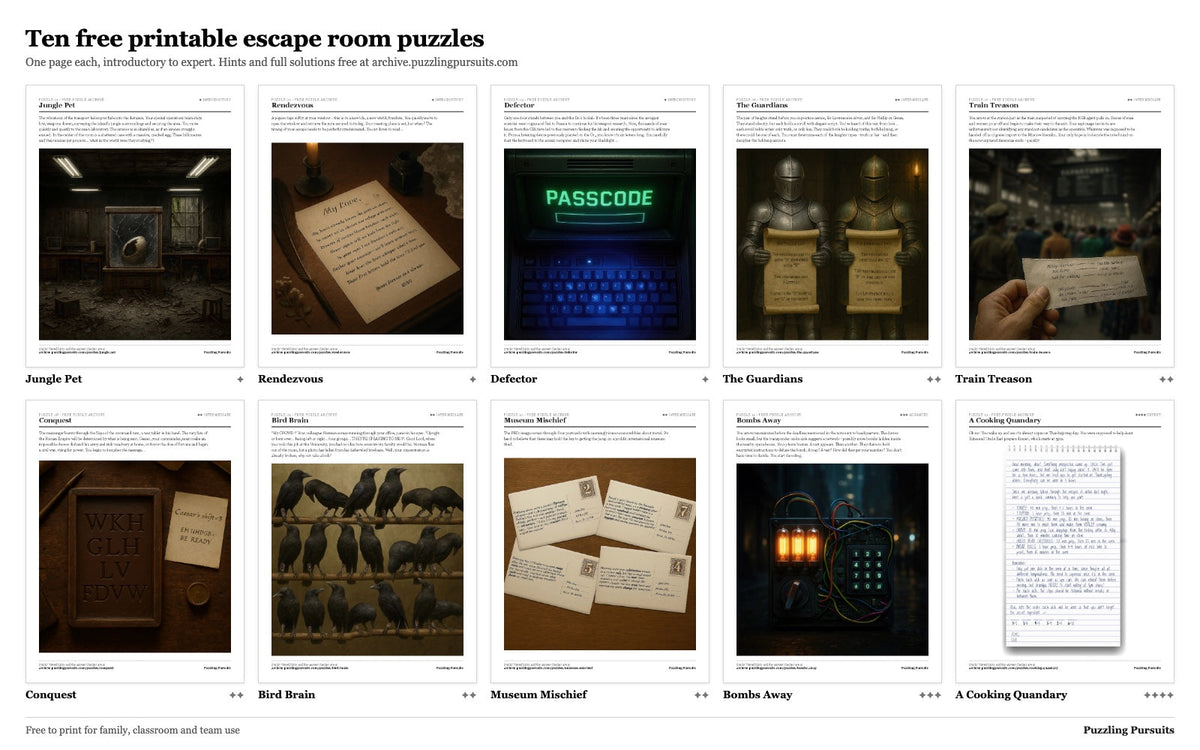 Contact sheet of all ten printable escape room puzzles, each a single page showing its title and star rating