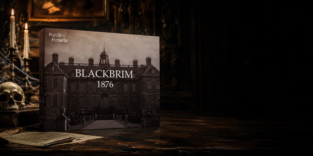 Blackbrim: 1876 game box standing on a dark wooden desk beside two lit candles, a skull, cobwebs and old handwritten papers, with a gilt-framed painting behind