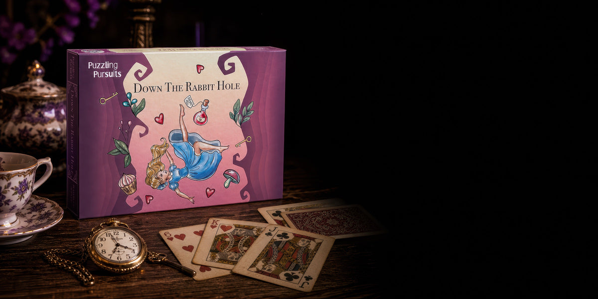 Down The Rabbit Hole game box on a dark wooden table with a floral teacup and teapot, a gold pocket watch and a spread of vintage playing cards, purple flowers behind
