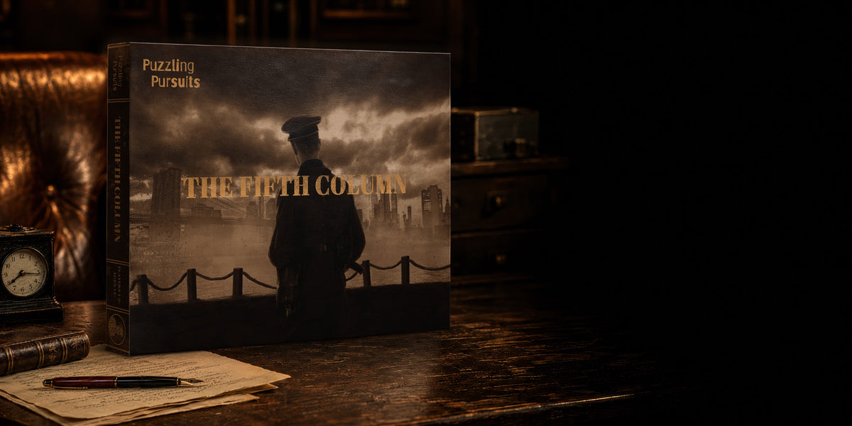 The Fifth Column game box on a dark wooden desk beside a leather armchair, an antique clock, a fountain pen and handwritten letters