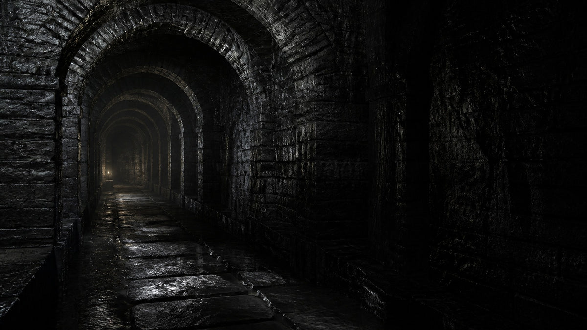 A dark vaulted Victorian stone tunnel receding into shadow
