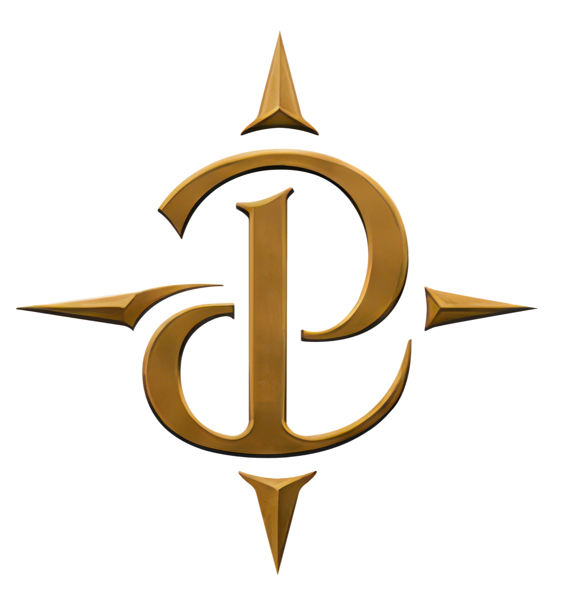 Puzzling Pursuits gold monogram: two interlocking serif letter Ps with four compass points