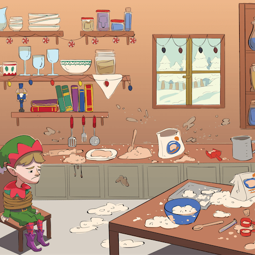 An elf tied up in a kitchen