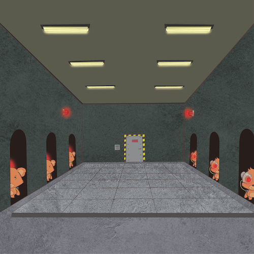 Teddy bears lining the walls with laser eyes
